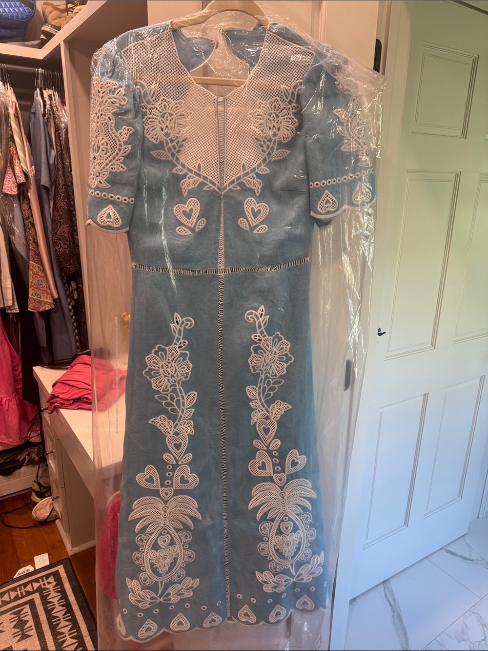 Blue Embroidered Midi Dress with White Lace Detail - Picture 4 of 4